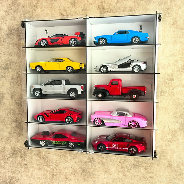 Beyaz - 1:24 Araba Sergileme Vitrini Ahşap Duvar Rafı Pleksi Kapaklı Koleksiyon Kutusu Model Araç Display Case 10 Bölmeli