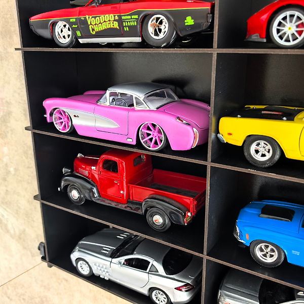 Siyah- 1:24 Araba Sergileme Vitrini Ahşap Duvar Rafı Pleksi Kapaklı Koleksiyon Kutusu Model Araç Display Case 10 Bölmeli
