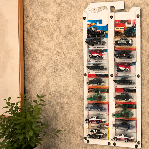 Beyaz- Hot Wheels Matchbox Kartlar ile uyumlu Kartonet Sergileme Standı,18 Araç Kapasiteli Uzun ve Regular Kart Display Sergileme Vitrini