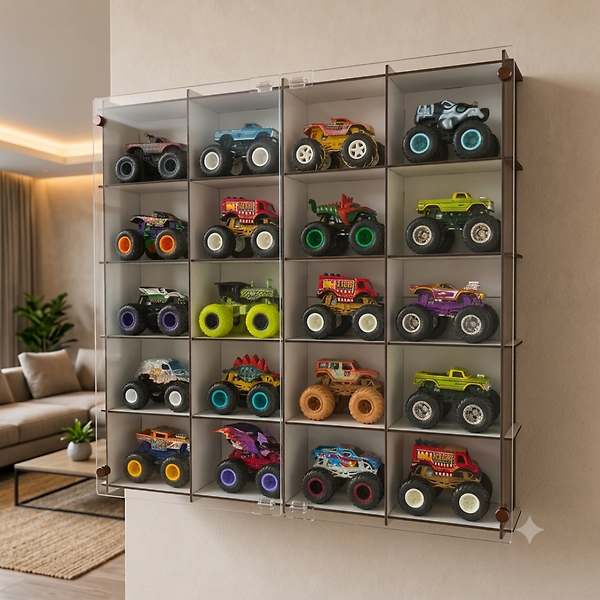 Beyaz-Monster Truck Vitrin, Monster Truck Sergileme Rafı, Pleksi Kapaklı 20 Araç Koleksiyon Duvar Vitrini Ahşap Display Kutusu