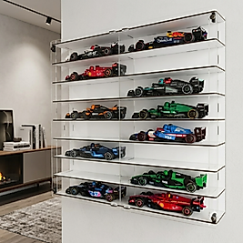 Beyaz-Formula Araç Vitrini Duvar Rafı Model Araba Sergileme Pleksi Kapaklı Koleksiyon Vitrini 16 Araba 50x50 cm Dekoratif Düzenleyici