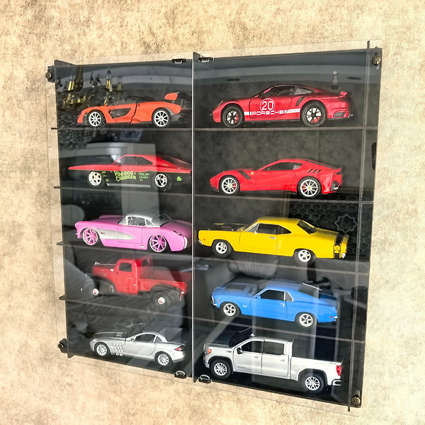 Siyah- 1:24 Araba Sergileme Vitrini Ahşap Duvar Rafı Pleksi Kapaklı Koleksiyon Kutusu Model Araç Display Case 10 Bölmeli