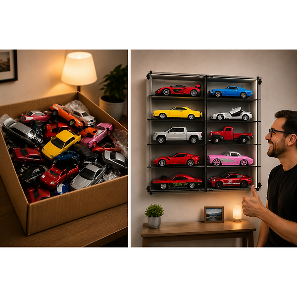 Beyaz - 1:24 Araba Sergileme Vitrini Ahşap Duvar Rafı Pleksi Kapaklı Koleksiyon Kutusu Model Araç Display Case 10 Bölmeli