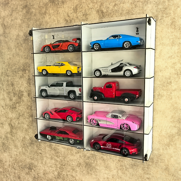 Beyaz - 1:24 Araba Sergileme Vitrini Ahşap Duvar Rafı Pleksi Kapaklı Koleksiyon Kutusu Model Araç Display Case 10 Bölmeli