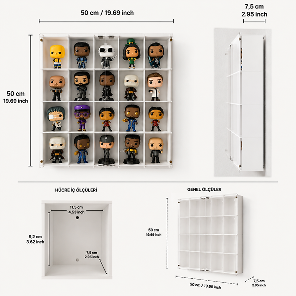 Beyaz-Pleksi Kapak Funko Figür Vitrini, Koleksiyon Rafı, Duvar Vitrini, Pleksi Kapaklı Sergileme Dolabı, 20 Bölmeli Koleksiyonluk Figür Standı