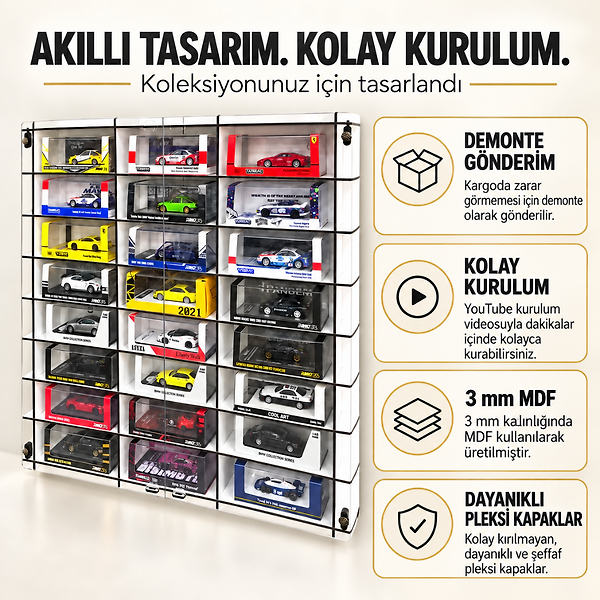 1:64 Diecast Araç Vitrini, Pleksi Kutulu Model Araba Sergileme Rafı, 24 Bölmeli Duvar Ünitesi, Pleksi Kapaklı, Ücretsiz Kargo