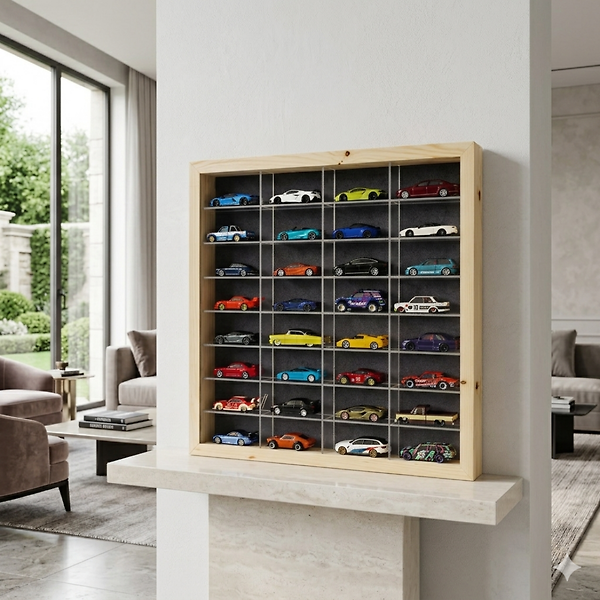 1:64 Ölçek Diecast için Ahşap Çerçeve,Pleksi Raf , Kadife Panel 32 Araç Oyuncak Araba Sergileme rafı