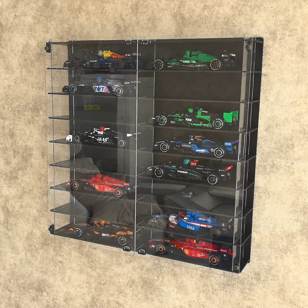Siyah-Formula Araç Vitrini Duvar Rafı Model Araba Sergileme Pleksi Kapaklı Koleksiyon Vitrini 16 Araba 50x50 cm Dekoratif Düzenleyici