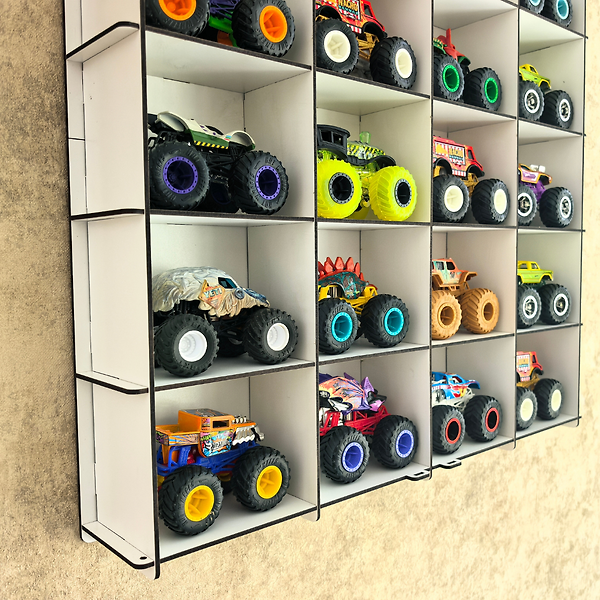Beyaz-Monster Truck Vitrin, Monster Truck Sergileme Rafı, Pleksi Kapaklı 20 Araç Koleksiyon Duvar Vitrini Ahşap Display Kutusu