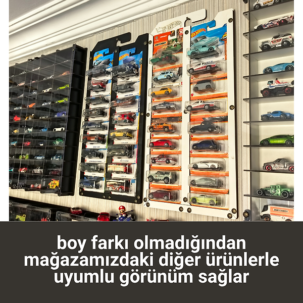 Beyaz Hot Wheels Matchbox Kartlar ile uyumlu Kartonet Sergileme Standı 4 adet ,72 Araç Kapasiteli Uzun ve Regular Kart Display Sergileme Vitrini