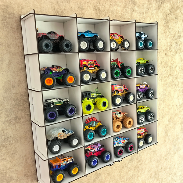 Beyaz-Monster Truck Vitrin, Monster Truck Sergileme Rafı, Pleksi Kapaklı 20 Araç Koleksiyon Duvar Vitrini Ahşap Display Kutusu