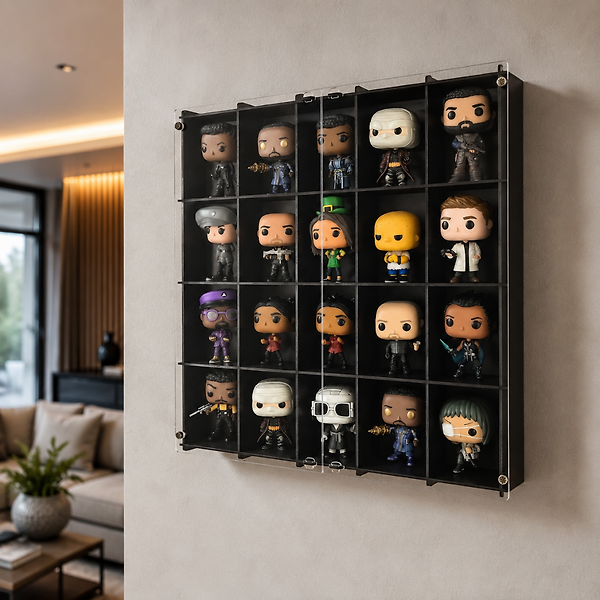 Siyah-Pleksi Kapak Funko Figür Vitrini, Koleksiyon Rafı, Duvar Vitrini, Pleksi Kapaklı Sergileme Dolabı, 20 Bölmeli Koleksiyonluk Figür Standı