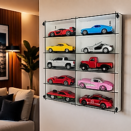 Beyaz - 1:24 Araba Sergileme Vitrini Ahşap Duvar Rafı Pleksi Kapaklı Koleksiyon Kutusu Model Araç Display Case 10 Bölmeli