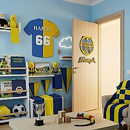 Kişiye Özel Futbol Temalı Çocuk Odası Dekor Seti – İsimli Forma Kapı Süsü İsimlik Kalemlik 4'lü Set -Sarı Lacivert