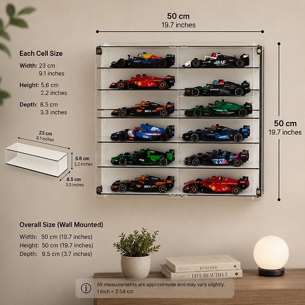 Siyah-Formula Araç Vitrini Duvar Rafı Model Araba Sergileme Pleksi Kapaklı Koleksiyon Vitrini 16 Araba 50x50 cm Dekoratif Düzenleyici