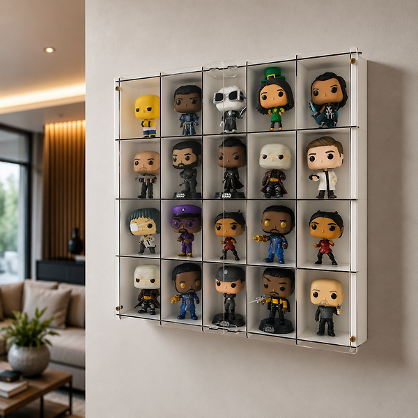 Beyaz-Pleksi Kapak Funko Figür Vitrini, Koleksiyon Rafı, Duvar Vitrini, Pleksi Kapaklı Sergileme Dolabı, 20 Bölmeli Koleksiyonluk Figür Standı
