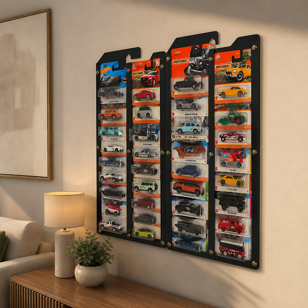 Siyah Hot Wheels Matchbox Kartlar ile uyumlu Kartonet Sergileme Standı 2 adet ,36 Araç Kapasiteli Uzun ve Regular Kart Display Sergileme Vitrini