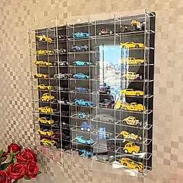 Pleksi Kapaklı 1:64 Metal Arabalarla Uyumlu,Akrilik Oyuncak 50 araçlık Pleksi Araba Vitrini, Rafı Siyah-Şeffaf