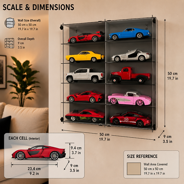 Beyaz - 1:24 Araba Sergileme Vitrini Ahşap Duvar Rafı Pleksi Kapaklı Koleksiyon Kutusu Model Araç Display Case 10 Bölmeli
