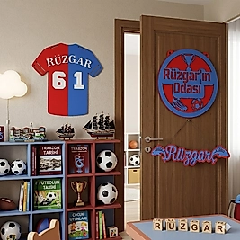 Kişiye Özel Futbol Temalı Çocuk Odası Dekor Seti – İsimli Forma Kapı Süsü İsimlik Kalemlik 4'lü Set -Bordo Mavi