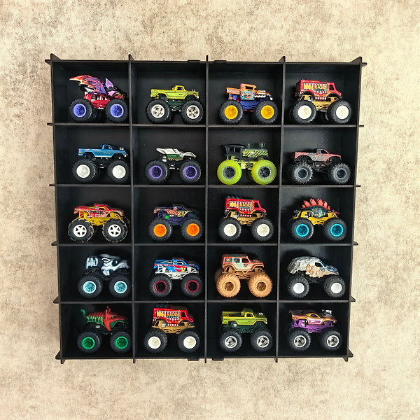 Siyah-Monster Truck Vitrin, Monster Truck Sergileme Rafı, Pleksi Kapaklı 20 Araç Koleksiyon Duvar Vitrini Ahşap Display Kutusu