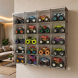 Beyaz-Monster Truck Vitrin, Monster Truck Sergileme Rafı, Pleksi Kapaklı 20 Araç Koleksiyon Duvar Vitrini Ahşap Display Kutusu