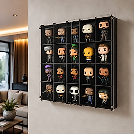 Siyah-Pleksi Kapak Funko Figür Vitrini, Koleksiyon Rafı, Duvar Vitrini, Pleksi Kapaklı Sergileme Dolabı, 20 Bölmeli Koleksiyonluk Figür Standı