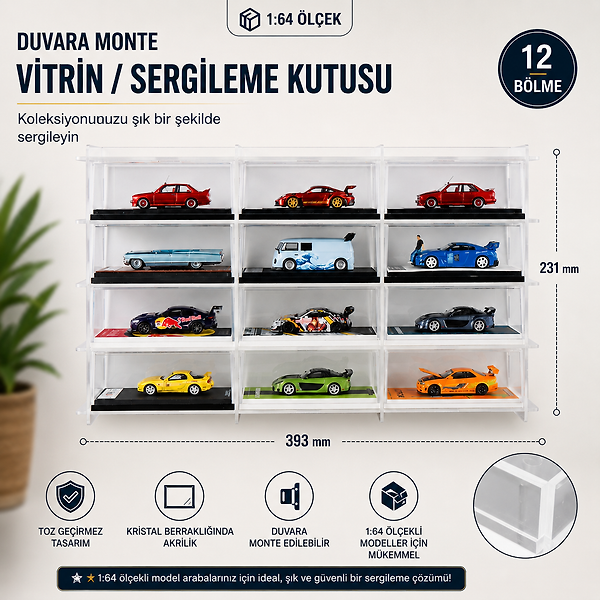 Tarmac, Inno64, Time Micro  ile uyumlu 12 Bölmeli Pleksi Model Araba Sergileme Kutusu, 1:64 Ölçekli Döküm Araba Saklama Düzenleyici