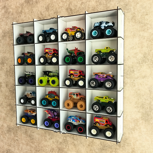Beyaz-Monster Truck Vitrin, Monster Truck Sergileme Rafı, Pleksi Kapaklı 20 Araç Koleksiyon Duvar Vitrini Ahşap Display Kutusu