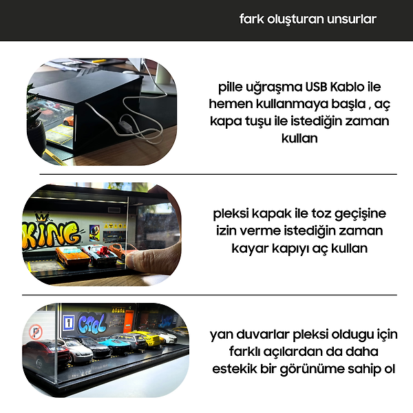 Diorama Garaj 1/64 Ölçek 8, LED Işıklı USB Kablolu Model Araba Pleksi Kapaklı Dekoratif Vitrin