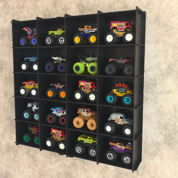 Siyah-Monster Truck Vitrin, Monster Truck Sergileme Rafı, Pleksi Kapaklı 20 Araç Koleksiyon Duvar Vitrini Ahşap Display Kutusu