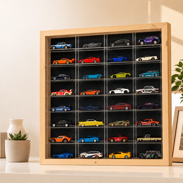 1:64 Ölçek Diecast için Ahşap Çerçeve,Pleksi Raf , Kadife Panel 32 Araç Oyuncak Araba Sergileme rafı