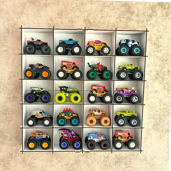 Beyaz-Monster Truck Vitrin, Monster Truck Sergileme Rafı, Pleksi Kapaklı 20 Araç Koleksiyon Duvar Vitrini Ahşap Display Kutusu