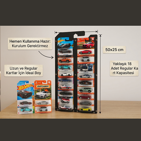 Beyaz- Hot Wheels Matchbox Kartlar ile uyumlu Kartonet Sergileme Standı,18 Araç Kapasiteli Uzun ve Regular Kart Display Sergileme Vitrini