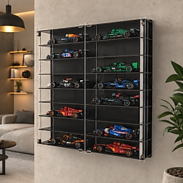 Siyah-Formula Araç Vitrini Duvar Rafı Model Araba Sergileme Pleksi Kapaklı Koleksiyon Vitrini 16 Araba 50x50 cm Dekoratif Düzenleyici