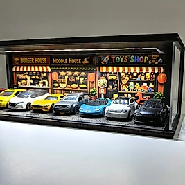 Diorama Garaj 1/64 Ölçek 8, LED Işıklı USB Kablolu Model Araba Pleksi Kapaklı Dekoratif Vitrin