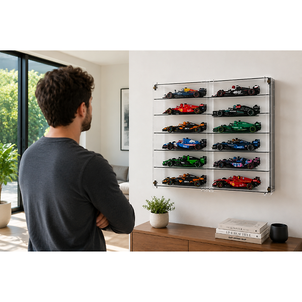 Siyah-Formula Araç Vitrini Duvar Rafı Model Araba Sergileme Pleksi Kapaklı Koleksiyon Vitrini 16 Araba 50x50 cm Dekoratif Düzenleyici