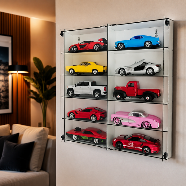 Beyaz - 1:24 Araba Sergileme Vitrini Ahşap Duvar Rafı Pleksi Kapaklı Koleksiyon Kutusu Model Araç Display Case 10 Bölmeli