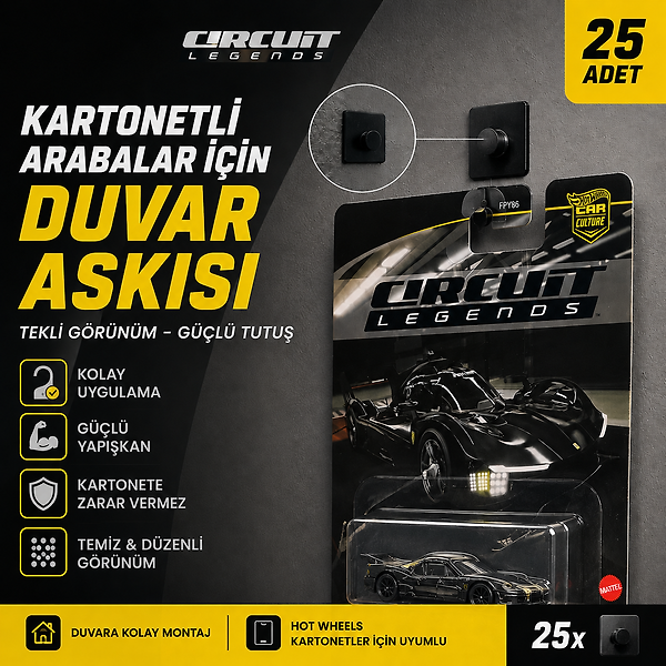 Kartonetli Model Arabalar İçin Duvar Askısı (25'li Paket) – Siyah