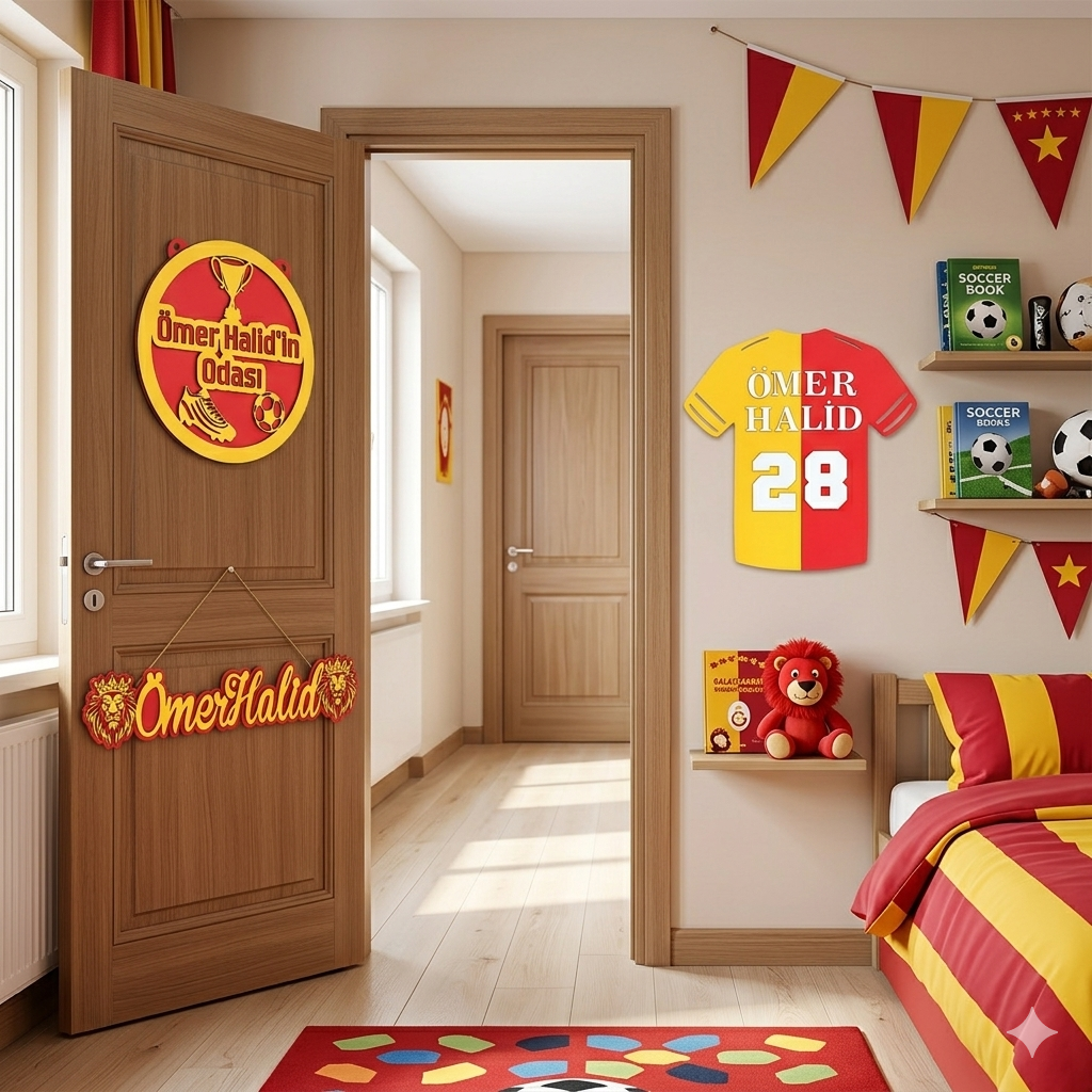 Kişiye Özel Futbol Temalı Çocuk Odası Dekor Seti – İsimli Forma Kapı Süsü İsimlik Kalemlik 4'lü Set -Sarı Kırmızı