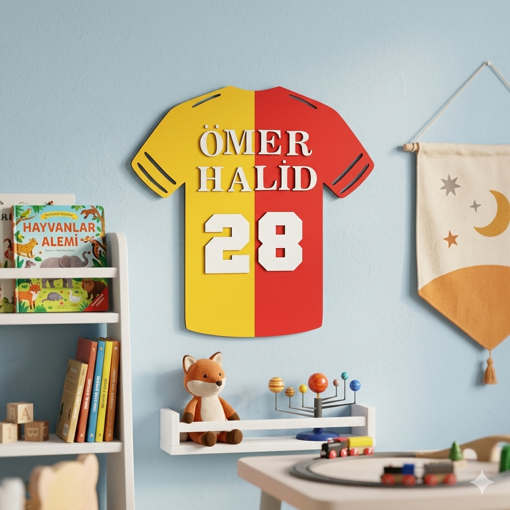 Kişiye Özel Futbol Temalı Çocuk Odası Dekor Seti – İsimli Forma Kapı Süsü İsimlik Kalemlik 4'lü Set -Sarı Kırmızı