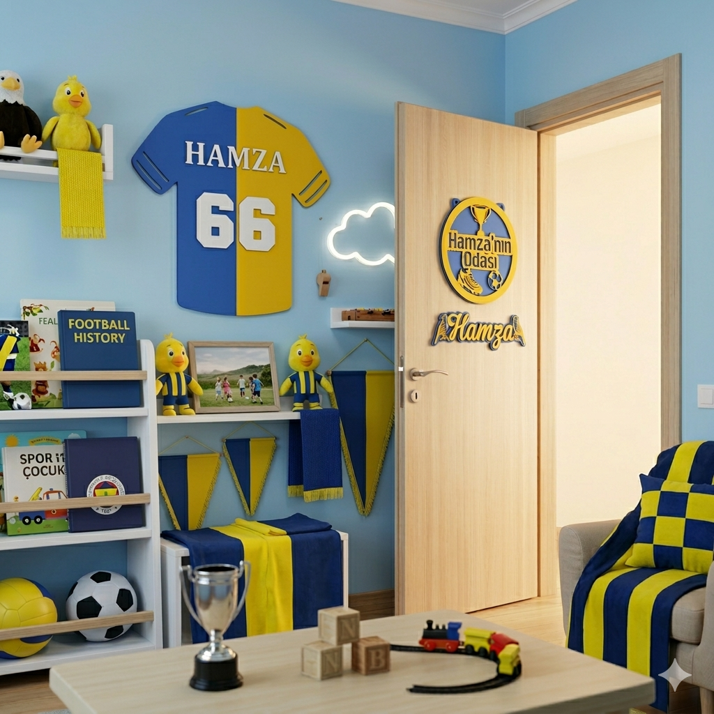 Kişiye Özel Futbol Temalı Çocuk Odası Dekor Seti – İsimli Forma Kapı Süsü İsimlik Kalemlik 4'lü Set -Sarı Lacivert