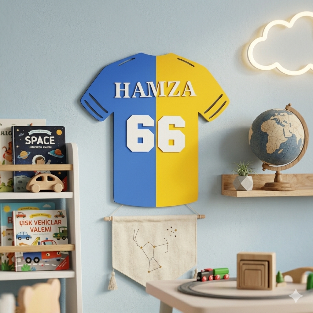 Kişiye Özel Futbol Temalı Çocuk Odası Dekor Seti – İsimli Forma Kapı Süsü İsimlik Kalemlik 4'lü Set -Sarı Lacivert