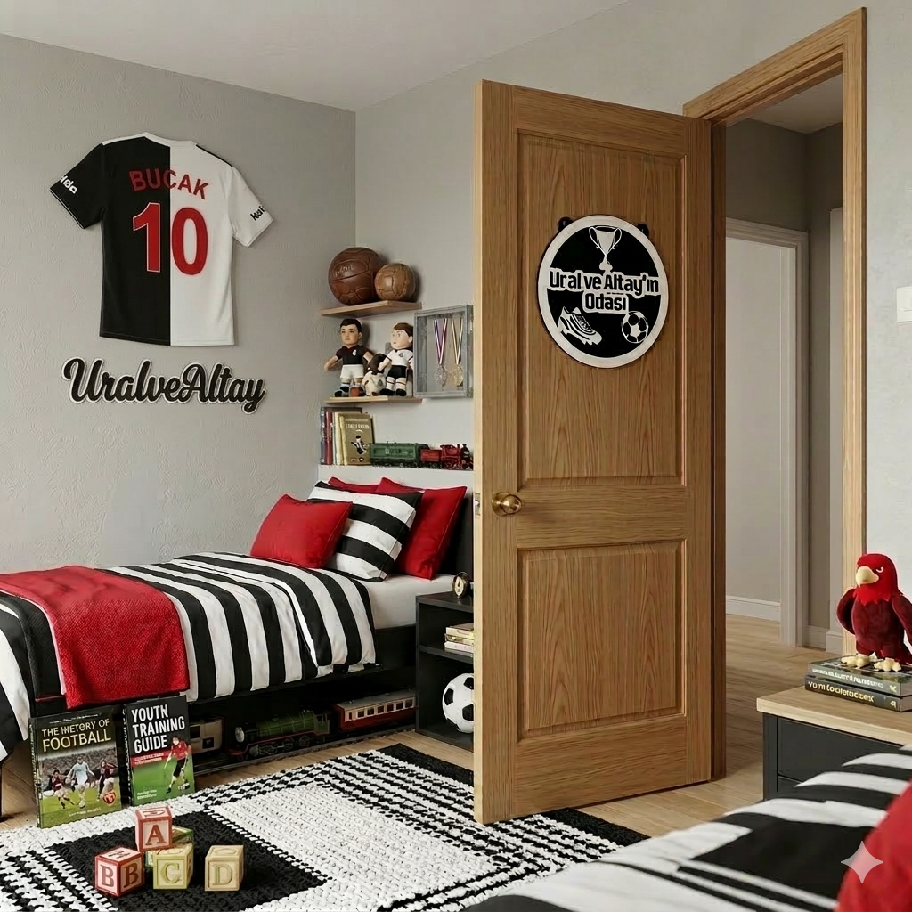 Kişiye Özel Futbol Temalı Çocuk Odası Dekor Seti – İsimli Forma Kapı Süsü İsimlik Kalemlik 4'lü Set -Siyah Beyaz