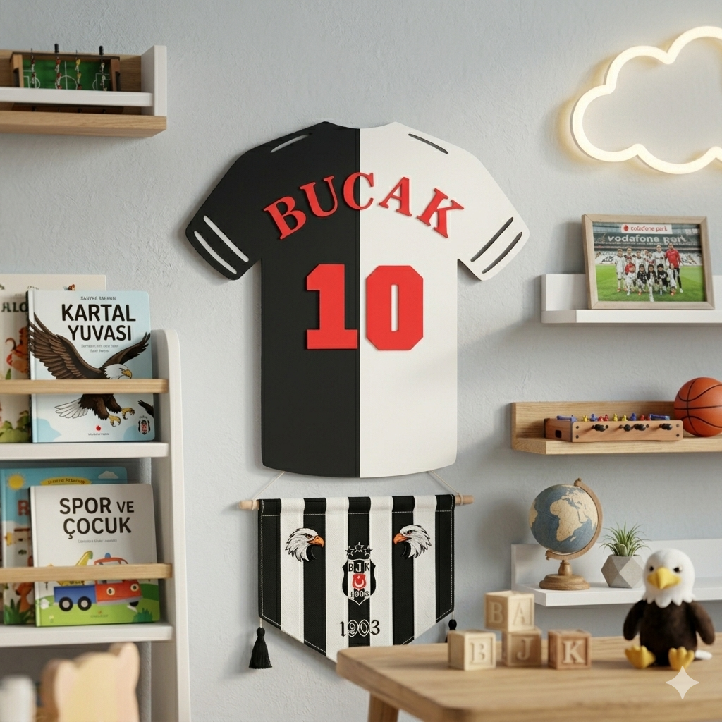 Kişiye Özel Futbol Temalı Çocuk Odası Dekor Seti – İsimli Forma Kapı Süsü İsimlik Kalemlik 4'lü Set -Siyah Beyaz