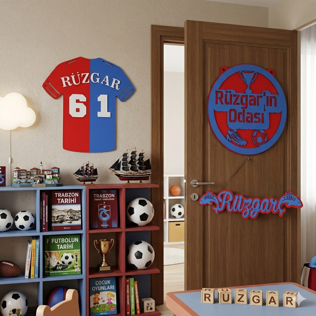 Kişiye Özel Futbol Temalı Çocuk Odası Dekor Seti – İsimli Forma Kapı Süsü İsimlik Kalemlik 4'lü Set -Bordo Mavi